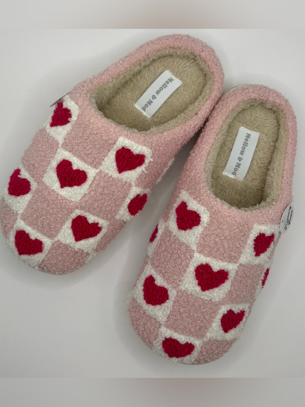 New Mellow & Mod Pink Heart Checkerboard Fuzzy Slippers